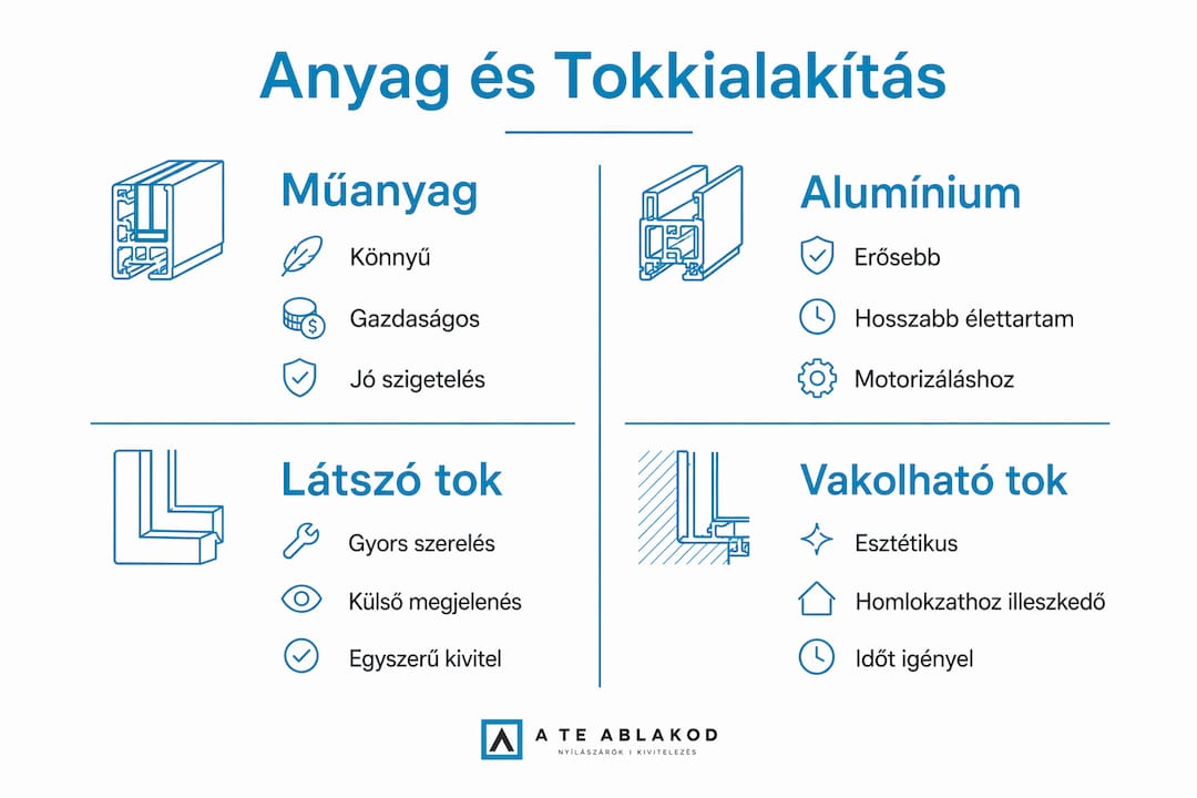 Hasznos infografika a külső tokos redőnyök anyagválasztásáról és a tok kialakításának lehetőségeiről