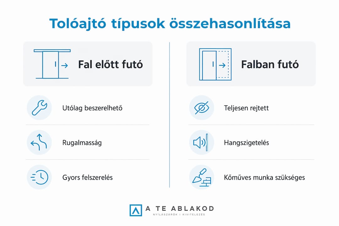 Infografika: fal előtt futó és falba süllyesztett tolóajtók – melyik megoldás a praktikusabb?