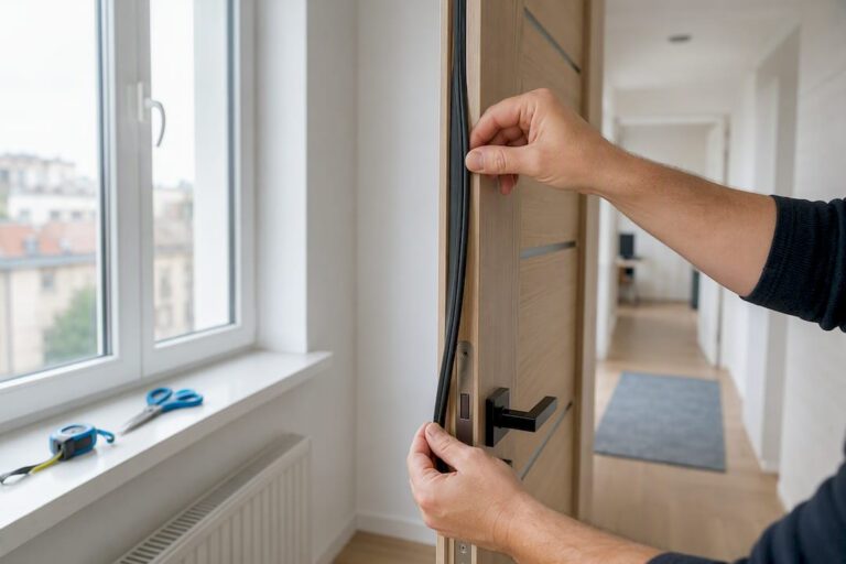 Kéz ajtószigetelőt ragaszt egy budapesti otthonban