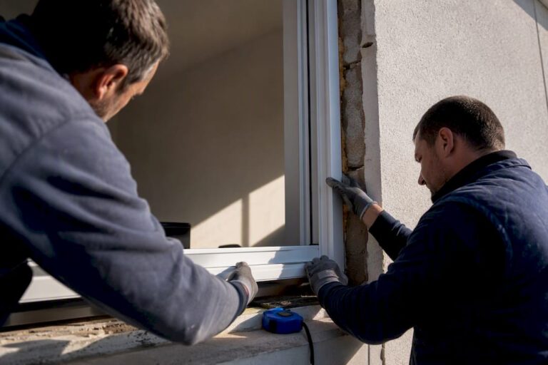 Kivitelezők ablakot szerelnek be a falnyílásba